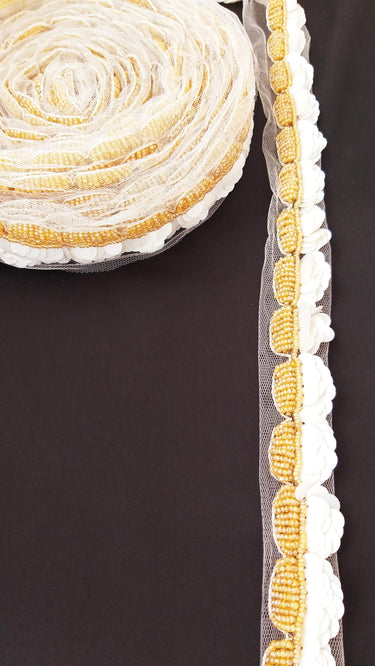 White Net Lace With Off White Sequins and Gold Beads, Scallop Trim, Exclusive Laces